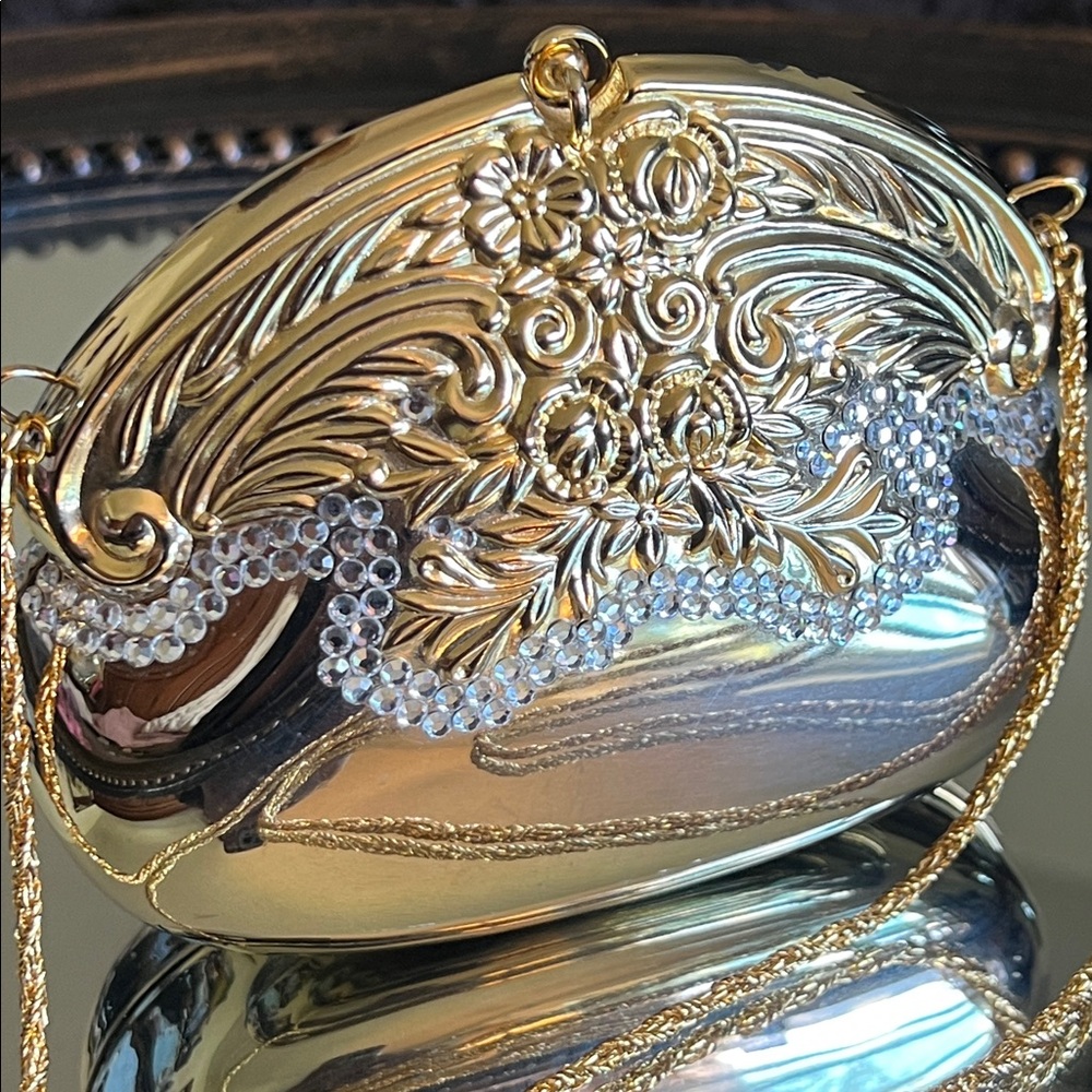 Vintage MIRIAM MARSHALL Gold Baroque Minauderie Bag with Swarovski Crystal